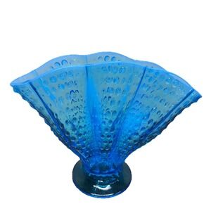 Fenton Blue Opalescent Hobnail Ruffled Fan Vase with Scalloped Edge 10x8